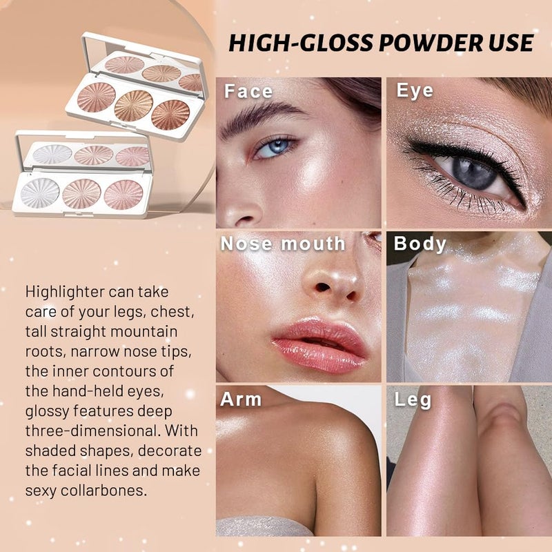 AMY'S DIARY Pearl White Ice Silver Champagne Gold Rose Pink Shimmer Glitter Highlighter Highlight Makeup Contour Powder,Glitter Face Illuminator Highlighter, Illuminator Make Up (Lunar Glow Trio) - Image 3